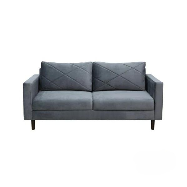 Roomloft Leon Grey Velvet 3-Seater Sofa – Diamond-Quilted Back Cushions and Dark Wooden Legs