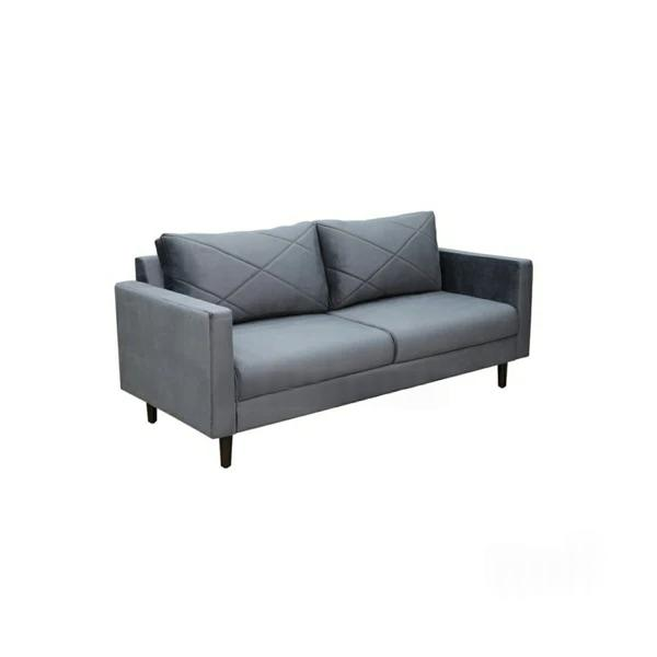Roomloft Leon Grey Velvet 3-Seater Sofa – Diamond-Quilted Back Cushions & Dark Wooden Legs