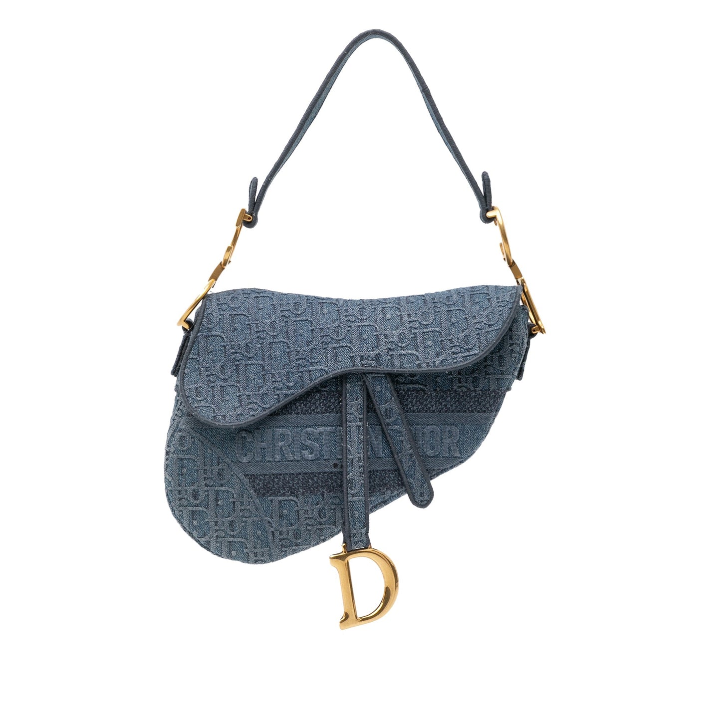 Dior Oblique Embroidered Denim Saddle Bag Blue