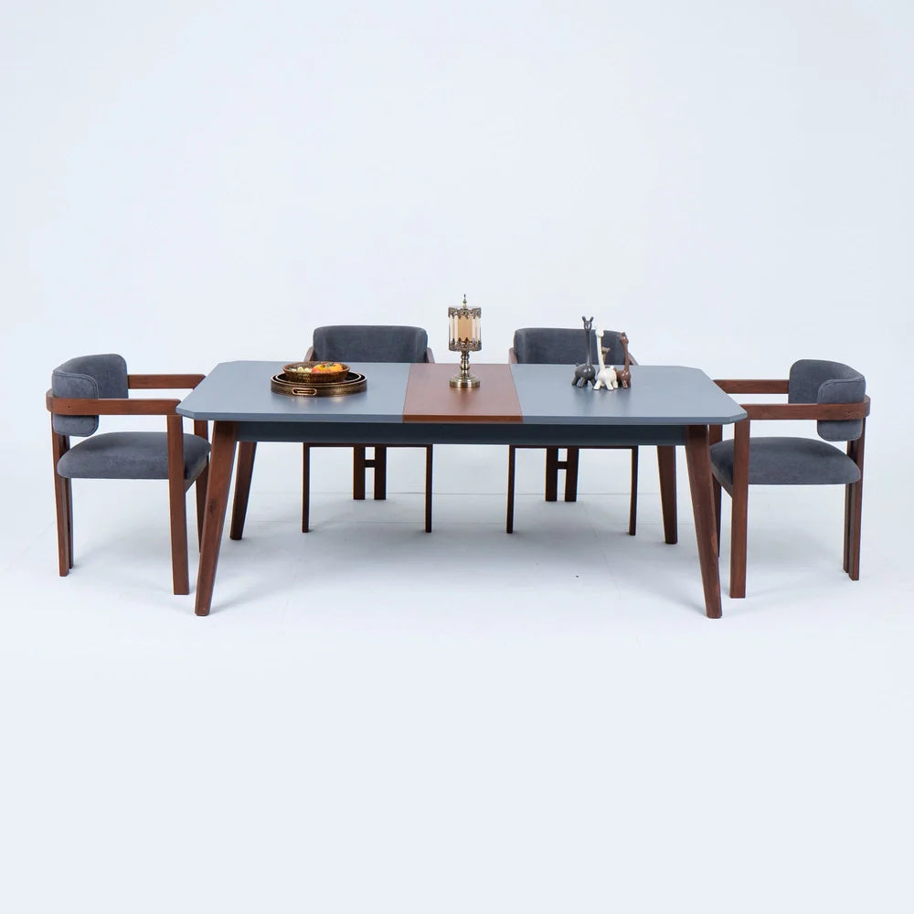 Roomloft Hilton White 4-Piece Dining Table Set – Fluted Legs & Navy Velvet Barrel Chairs