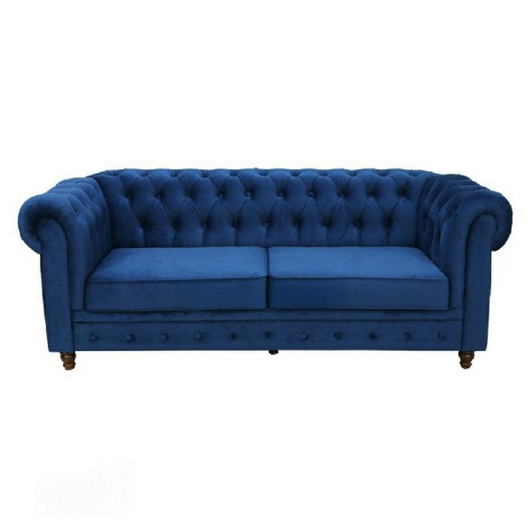 Roomloft Sapphire Navy Blue Velvet 3-Seater Chesterfield Sofa – Rolled Arms and Button-Tufted