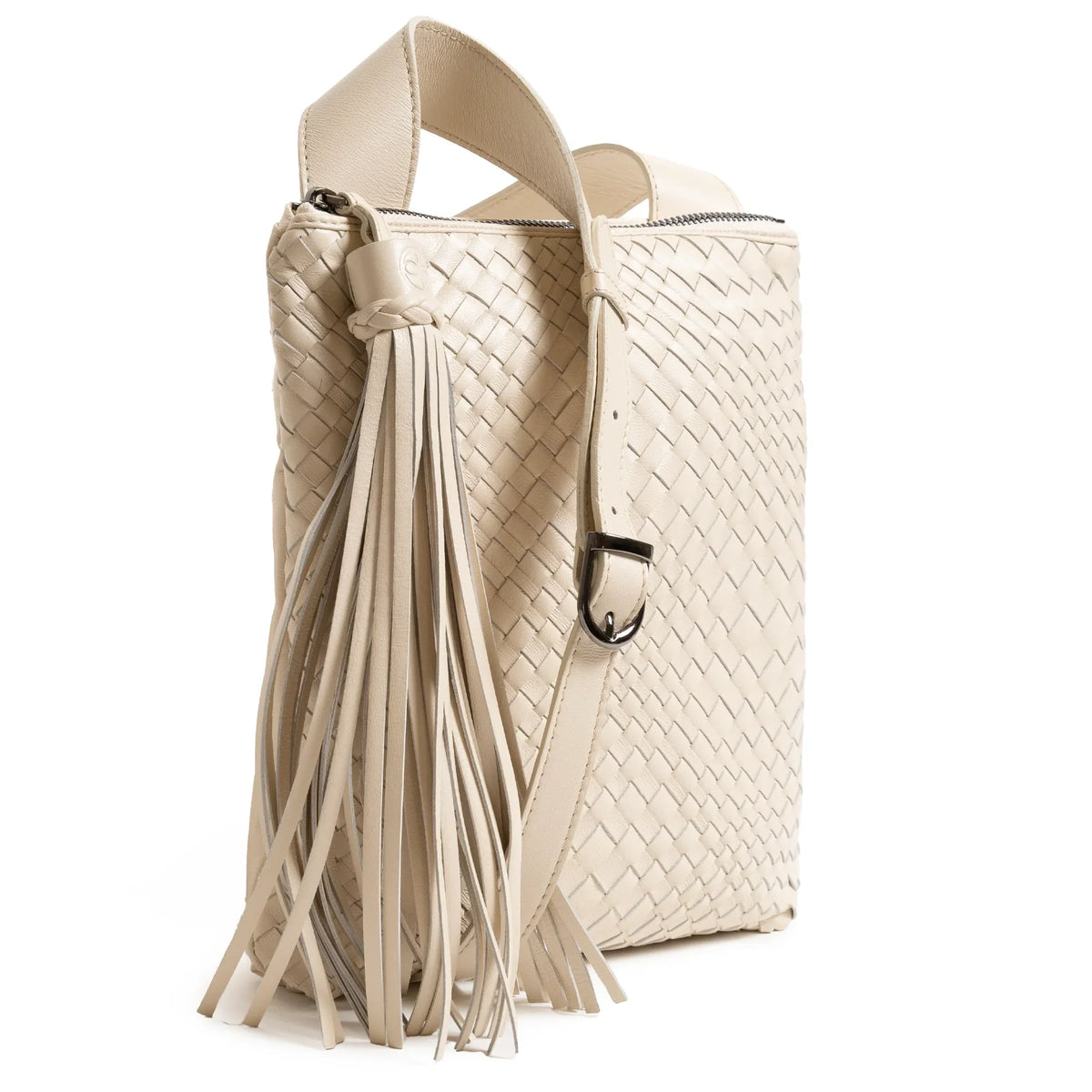 Kim Leather Crossbody Bag Intreccio Optical in Beige