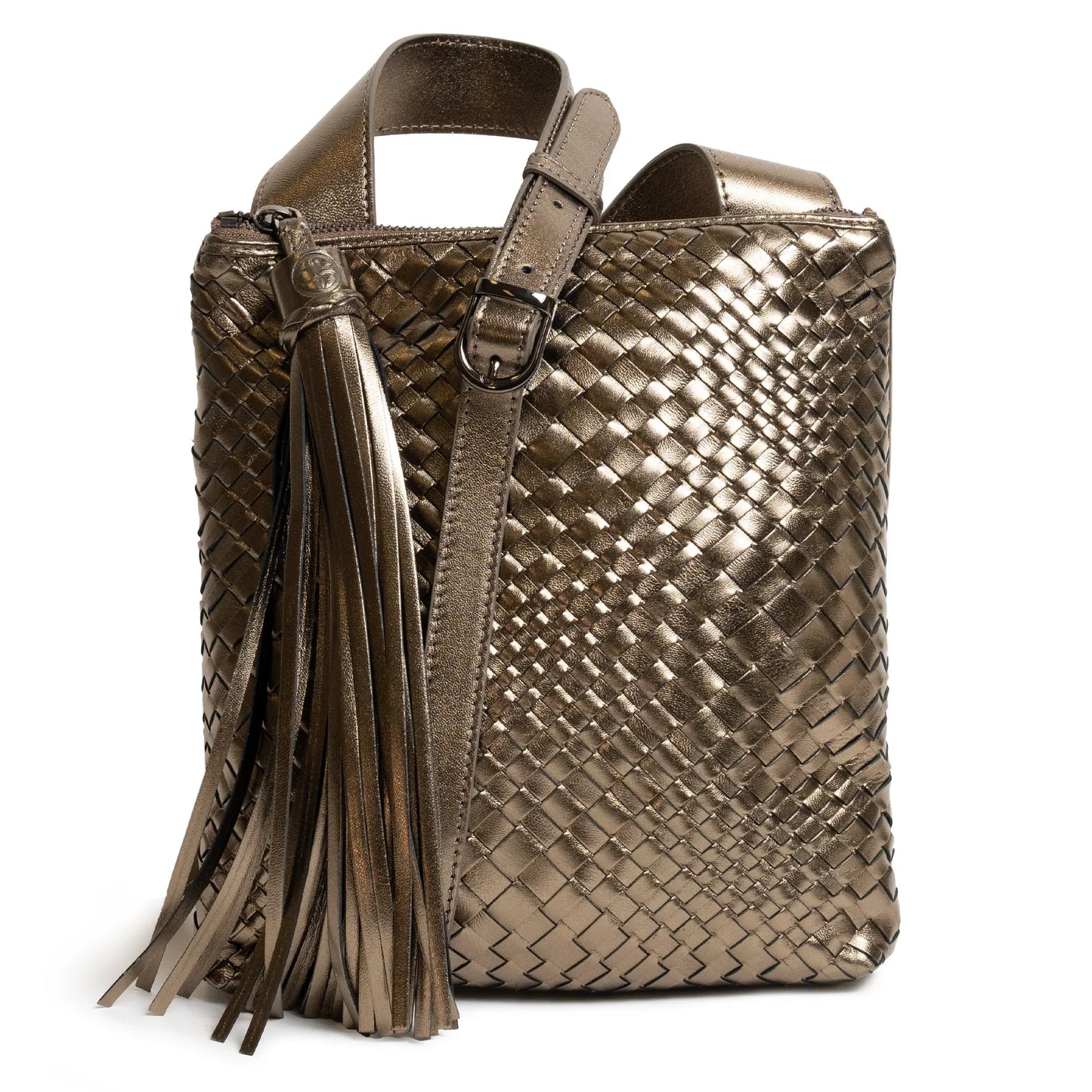 Kim Leather Crossbody Bag Intreccio Optical in Bronze