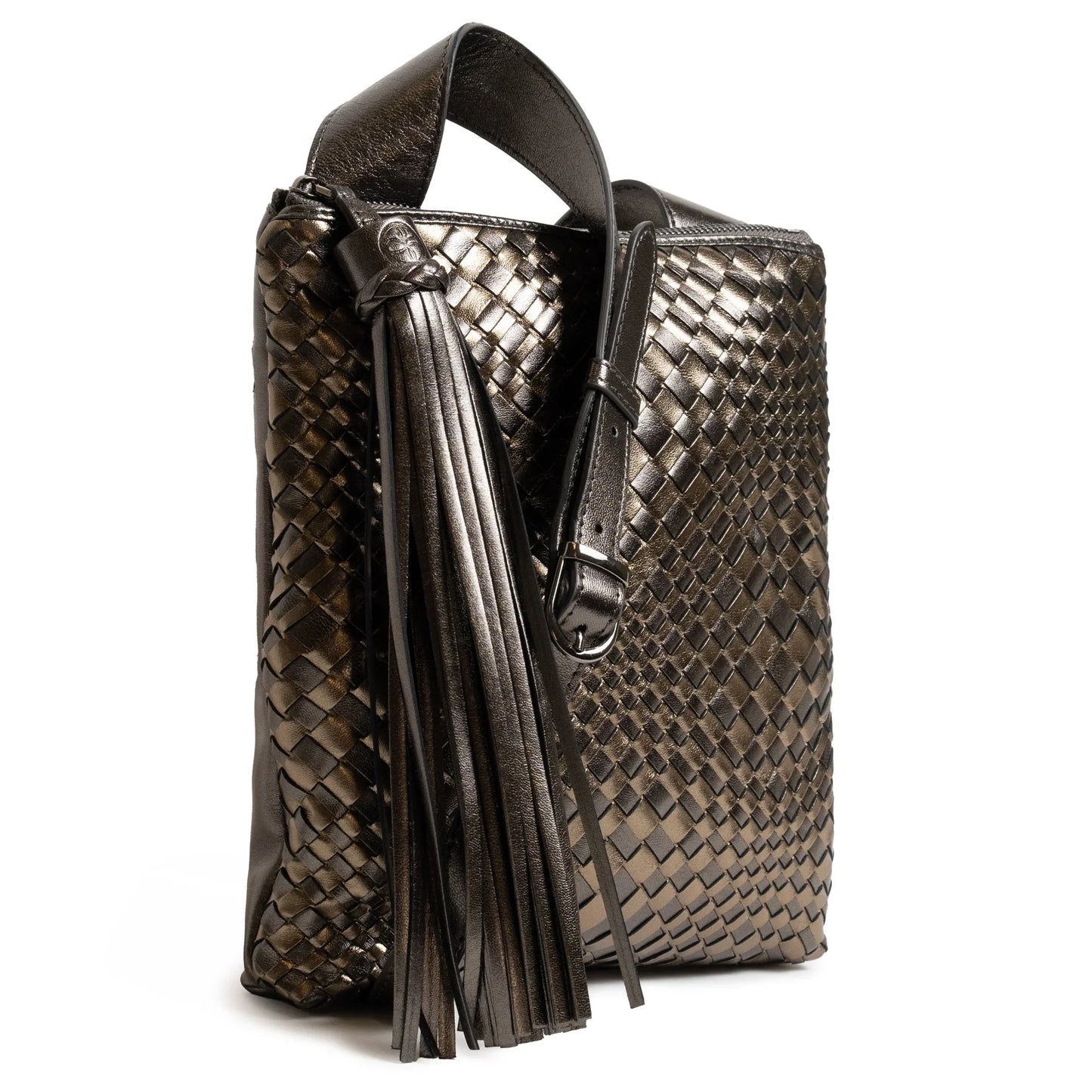Kim Leather Crossbody Bag Intreccio Optical in Gunmetal and Bronze