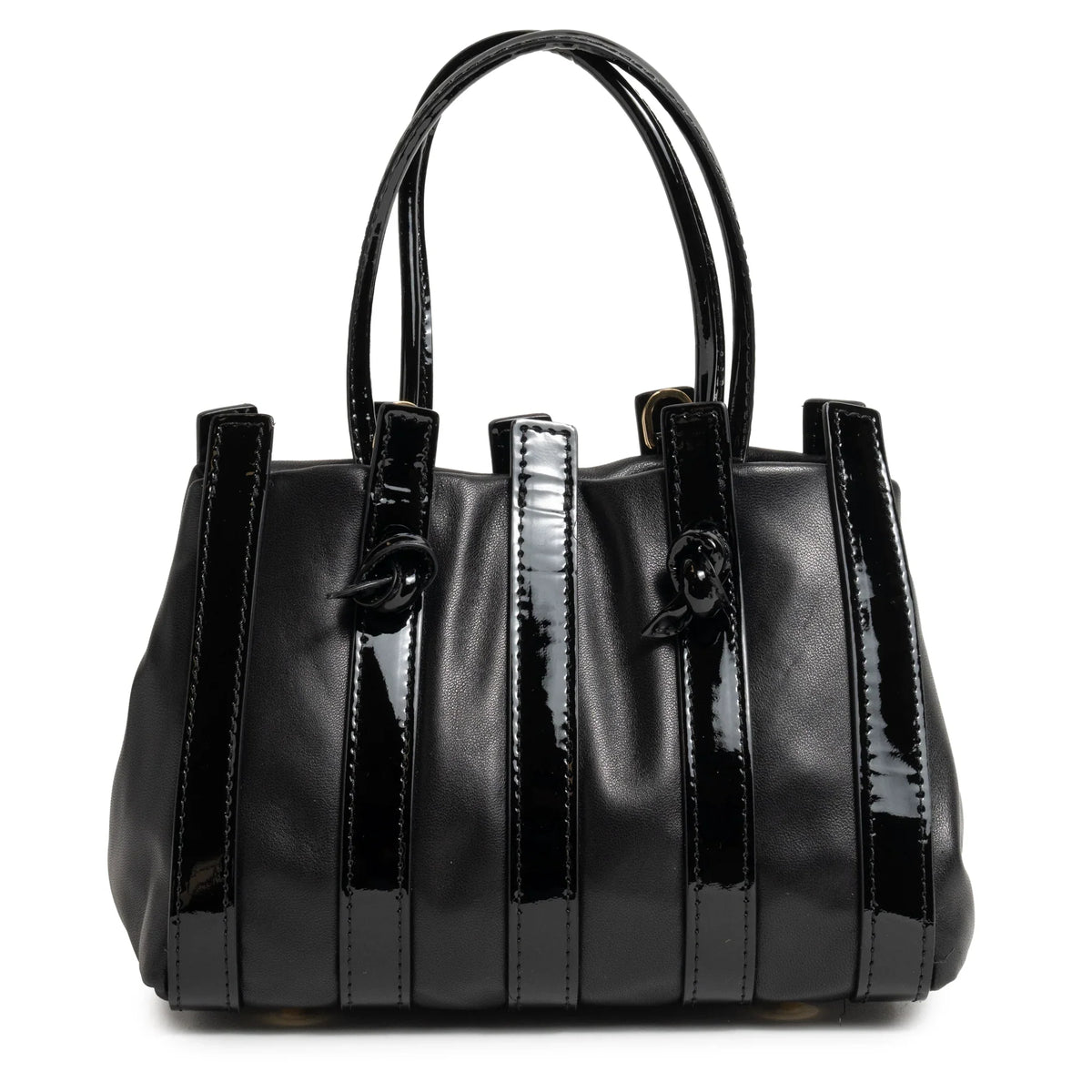 Stripes Mini Shopping Bag in Black Nappa and Patent Leather