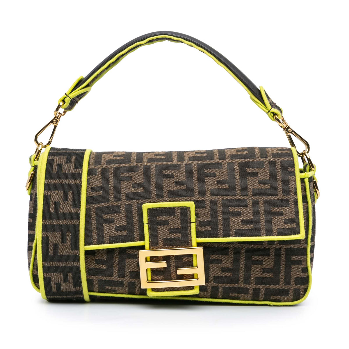 Fendi Medium Zucca Canvas Fluo Trim Baguette Satchel Brown