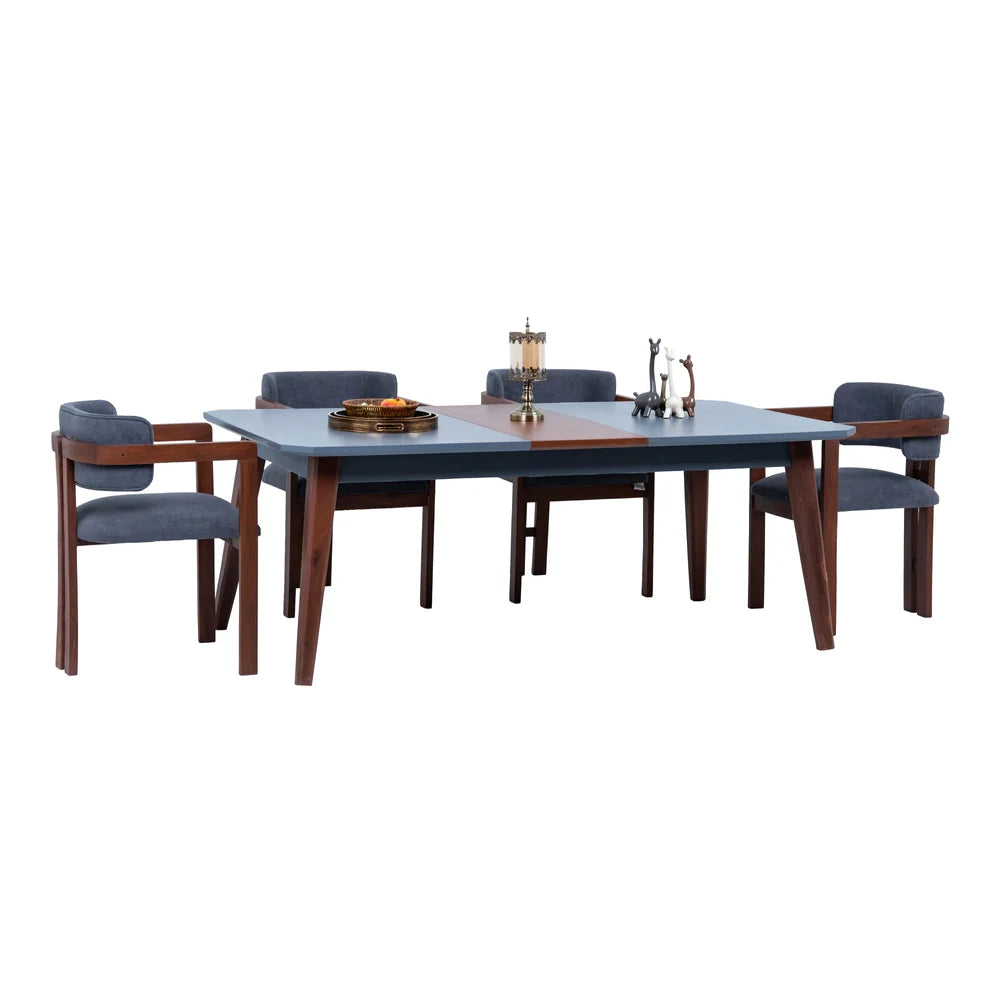 Roomloft Hilton White 4-Piece Dining Table Set – Fluted Legs & Navy Velvet Barrel Chairs